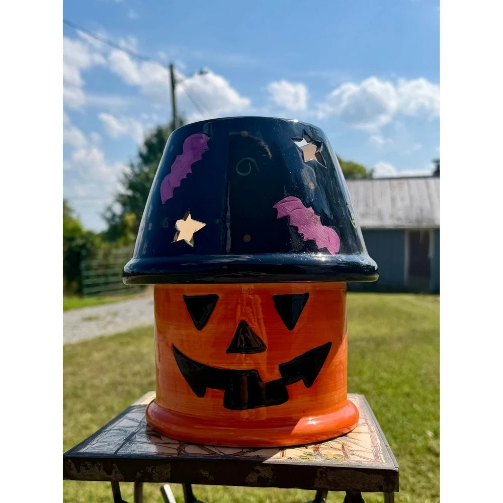Halloween Jack-O-Lantern Ceramic Candle Topper Warmer Purple Bats Stars Orange